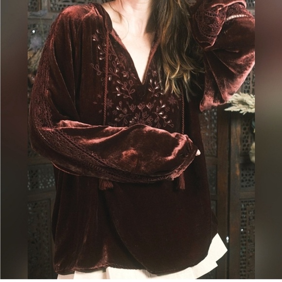 Johnny Was Tops - Johnny Was Velvet Embroidered Top in Rich Burgundy